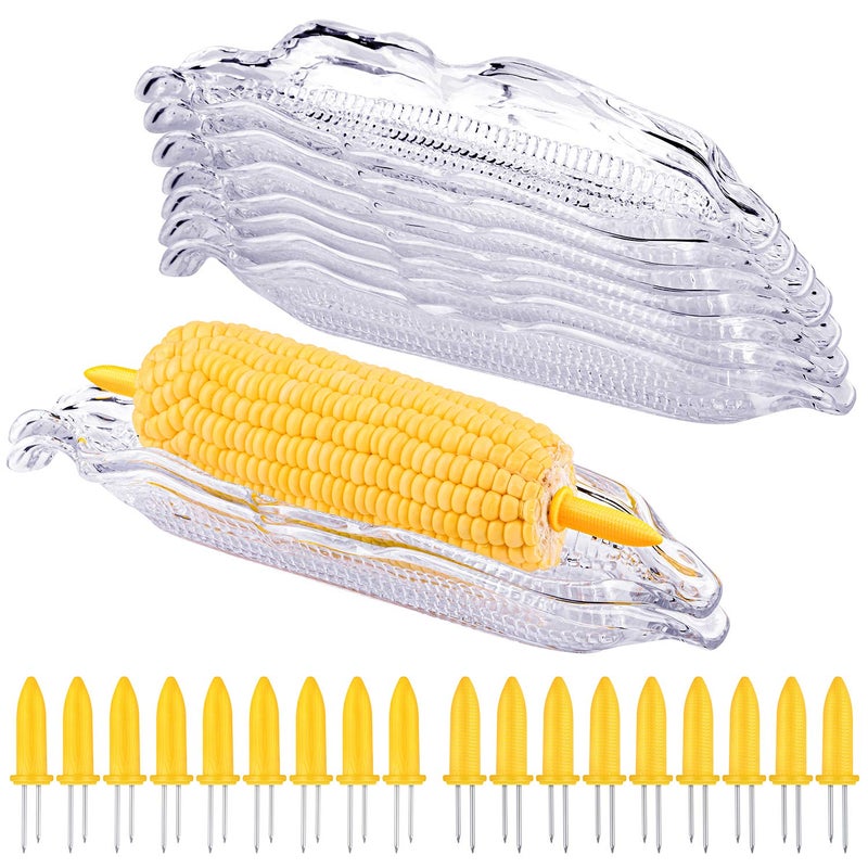 Elcoho 9 Pack Plastic Corn Trays Transparent Corn Dishes with 18 Pieces Stainless Steel Corn Holders on the Cob Skewers Cob Dinnerware - Image 1